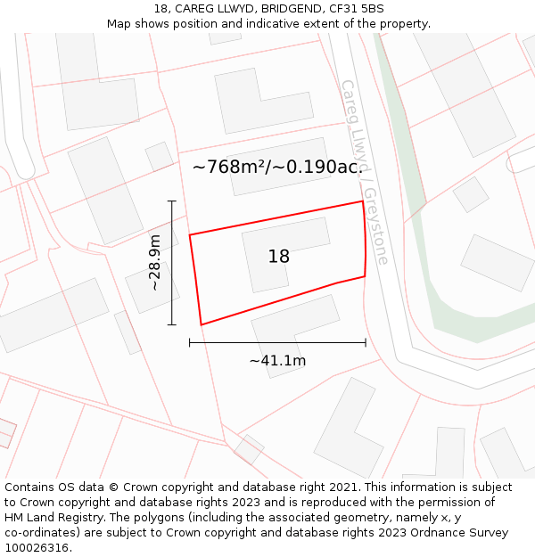 18, CAREG LLWYD, BRIDGEND, CF31 5BS: Plot and title map