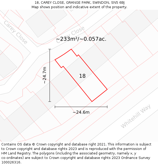 18, CAREY CLOSE, GRANGE PARK, SWINDON, SN5 6BJ: Plot and title map