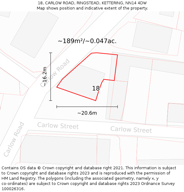 18, CARLOW ROAD, RINGSTEAD, KETTERING, NN14 4DW: Plot and title map