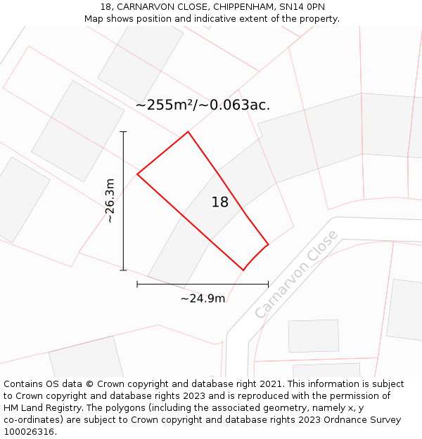 18, CARNARVON CLOSE, CHIPPENHAM, SN14 0PN: Plot and title map