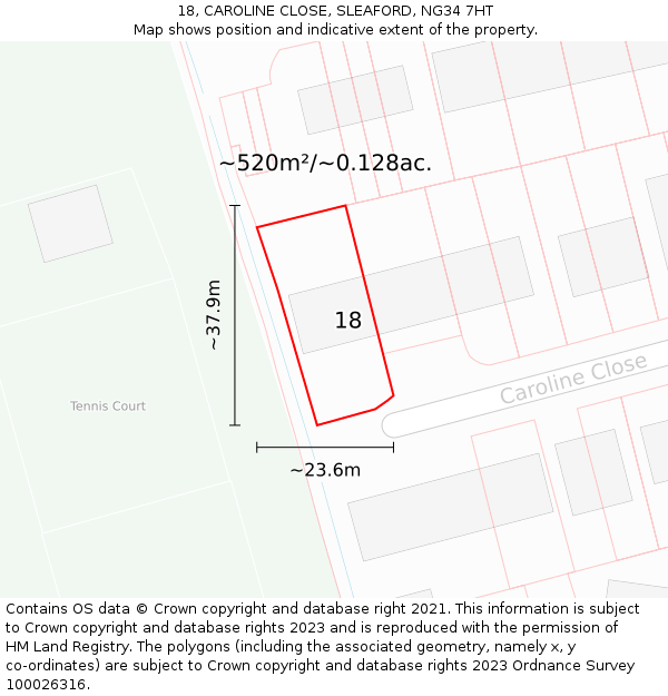 18, CAROLINE CLOSE, SLEAFORD, NG34 7HT: Plot and title map
