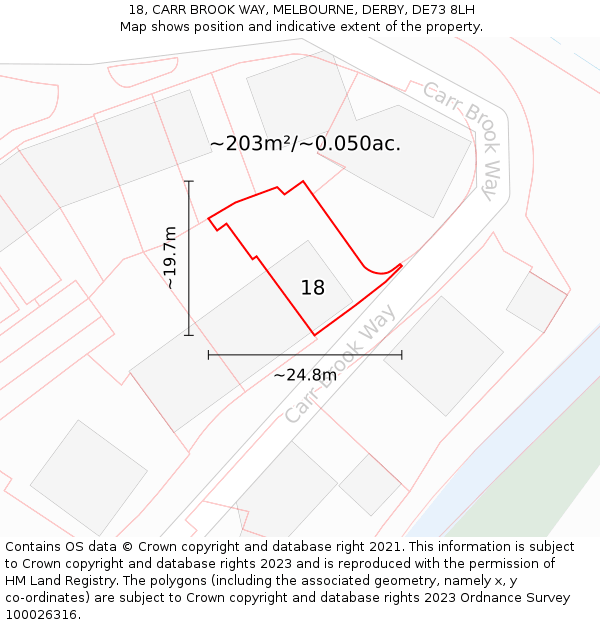 18, CARR BROOK WAY, MELBOURNE, DERBY, DE73 8LH: Plot and title map