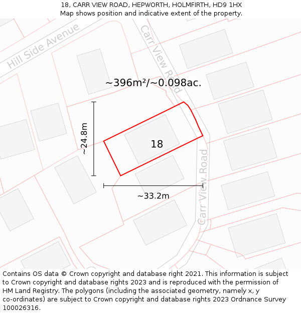 18, CARR VIEW ROAD, HEPWORTH, HOLMFIRTH, HD9 1HX: Plot and title map