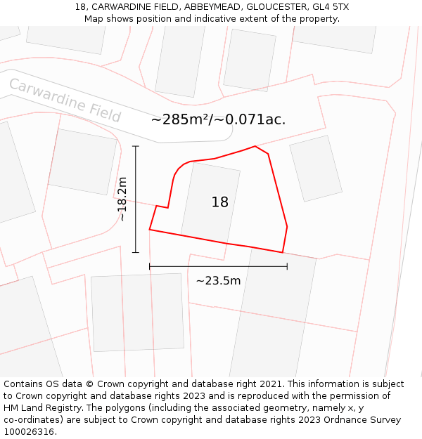 18, CARWARDINE FIELD, ABBEYMEAD, GLOUCESTER, GL4 5TX: Plot and title map