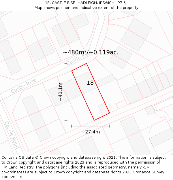 18, CASTLE RISE, HADLEIGH, IPSWICH, IP7 6JL: Plot and title map