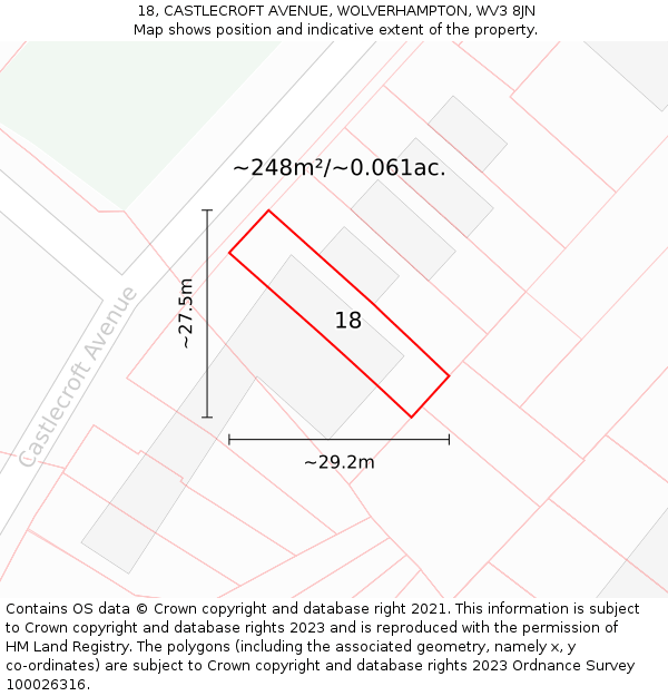 18, CASTLECROFT AVENUE, WOLVERHAMPTON, WV3 8JN: Plot and title map