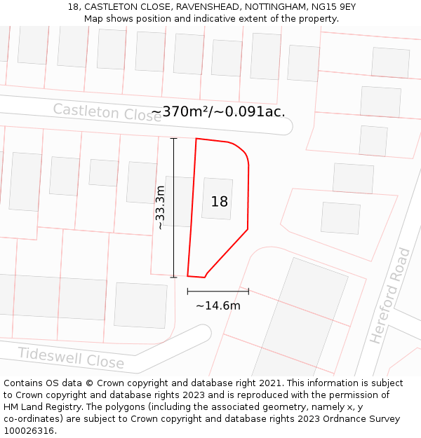 18, CASTLETON CLOSE, RAVENSHEAD, NOTTINGHAM, NG15 9EY: Plot and title map