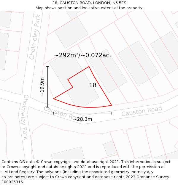 18, CAUSTON ROAD, LONDON, N6 5ES: Plot and title map