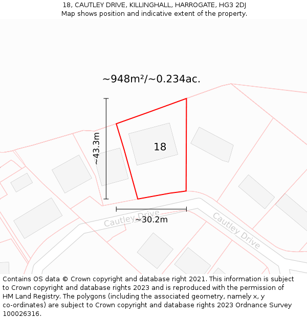 18, CAUTLEY DRIVE, KILLINGHALL, HARROGATE, HG3 2DJ: Plot and title map