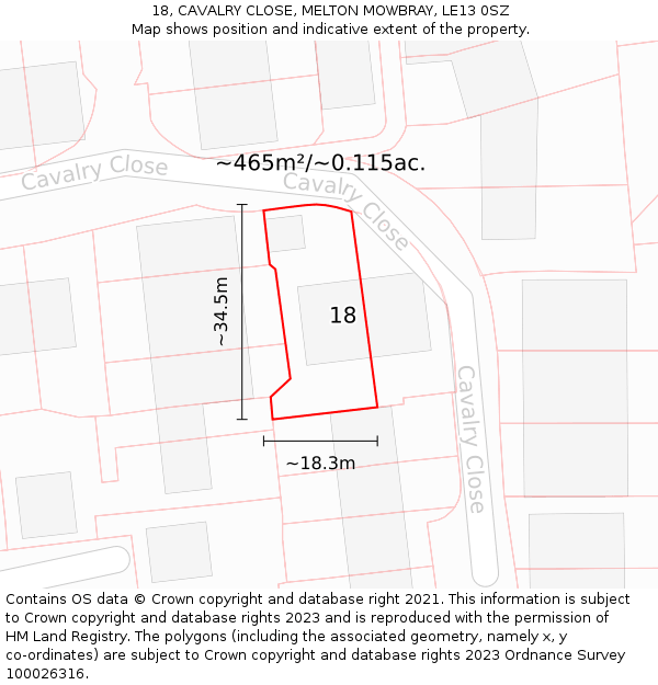 18, CAVALRY CLOSE, MELTON MOWBRAY, LE13 0SZ: Plot and title map
