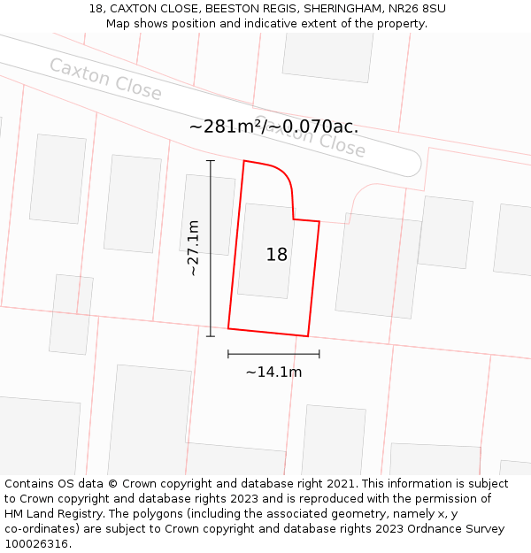18, CAXTON CLOSE, BEESTON REGIS, SHERINGHAM, NR26 8SU: Plot and title map