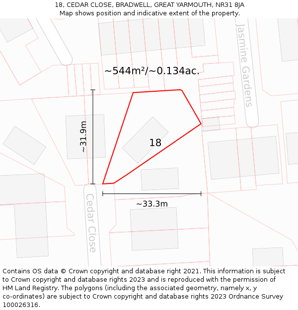 18, CEDAR CLOSE, BRADWELL, GREAT YARMOUTH, NR31 8JA: Plot and title map
