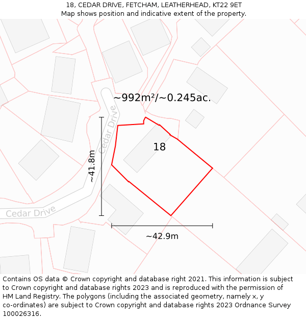 18, CEDAR DRIVE, FETCHAM, LEATHERHEAD, KT22 9ET: Plot and title map