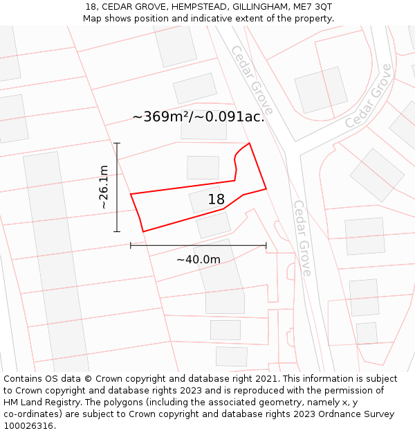 18, CEDAR GROVE, HEMPSTEAD, GILLINGHAM, ME7 3QT: Plot and title map