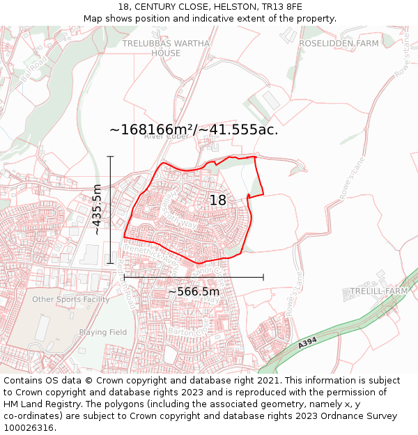 18, CENTURY CLOSE, HELSTON, TR13 8FE: Plot and title map