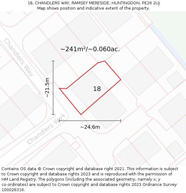 18, CHANDLERS WAY, RAMSEY MERESIDE, HUNTINGDON, PE26 2UJ: Plot and title map