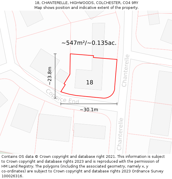18, CHANTERELLE, HIGHWOODS, COLCHESTER, CO4 9RY: Plot and title map