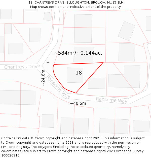 18, CHANTREYS DRIVE, ELLOUGHTON, BROUGH, HU15 1LH: Plot and title map