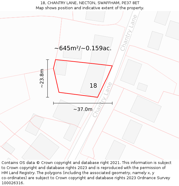 18, CHANTRY LANE, NECTON, SWAFFHAM, PE37 8ET: Plot and title map