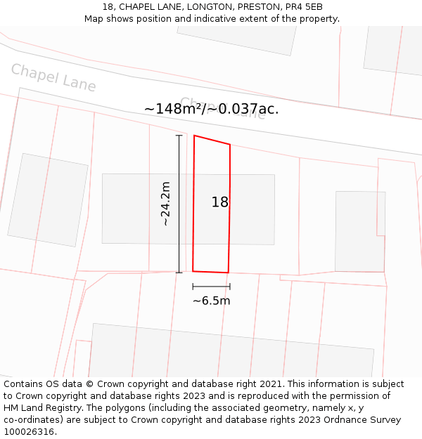 18, CHAPEL LANE, LONGTON, PRESTON, PR4 5EB: Plot and title map
