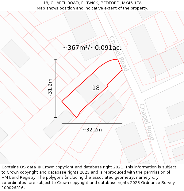 18, CHAPEL ROAD, FLITWICK, BEDFORD, MK45 1EA: Plot and title map