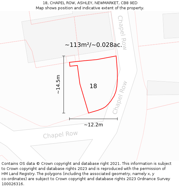 18, CHAPEL ROW, ASHLEY, NEWMARKET, CB8 9ED: Plot and title map