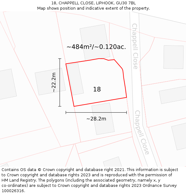 18, CHAPPELL CLOSE, LIPHOOK, GU30 7BL: Plot and title map