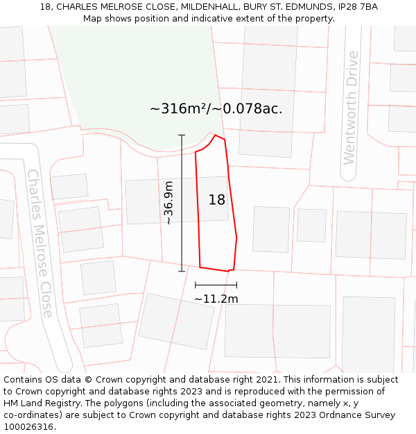 18, CHARLES MELROSE CLOSE, MILDENHALL, BURY ST. EDMUNDS, IP28 7BA: Plot and title map
