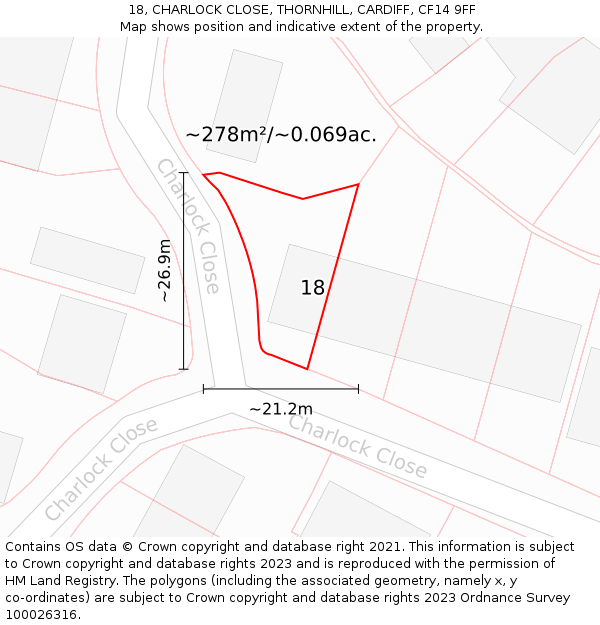 18, CHARLOCK CLOSE, THORNHILL, CARDIFF, CF14 9FF: Plot and title map