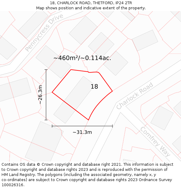 18, CHARLOCK ROAD, THETFORD, IP24 2TR: Plot and title map