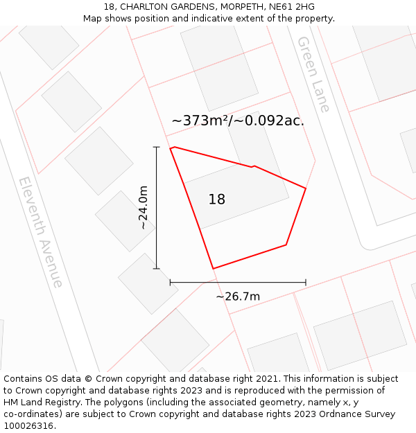 18, CHARLTON GARDENS, MORPETH, NE61 2HG: Plot and title map