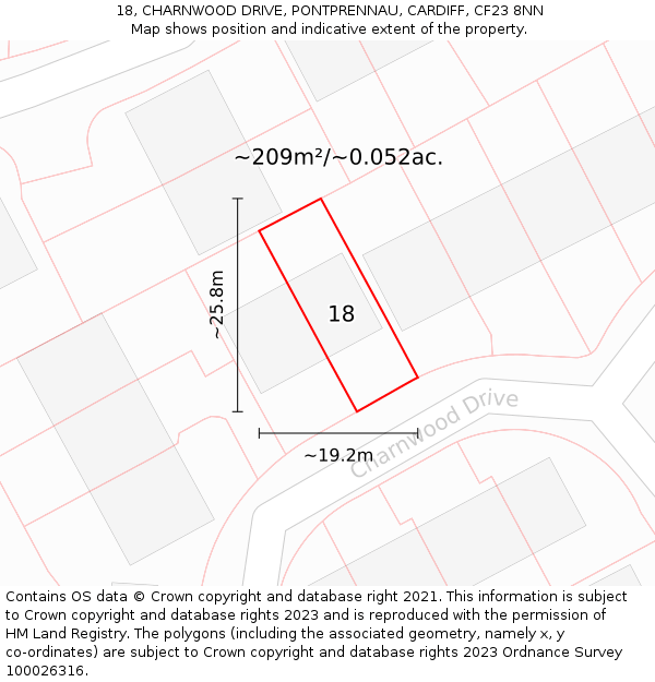 18, CHARNWOOD DRIVE, PONTPRENNAU, CARDIFF, CF23 8NN: Plot and title map