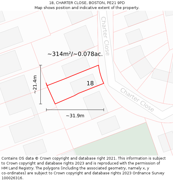 18, CHARTER CLOSE, BOSTON, PE21 9PD: Plot and title map