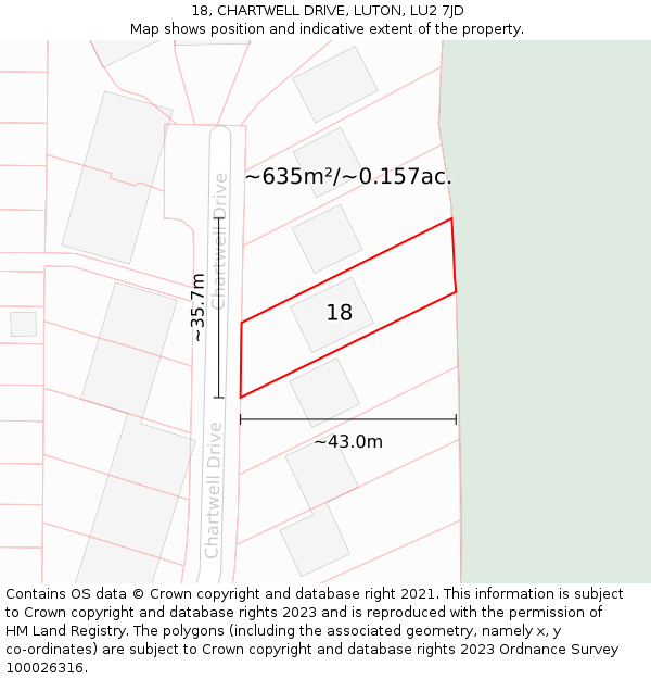 18, CHARTWELL DRIVE, LUTON, LU2 7JD: Plot and title map