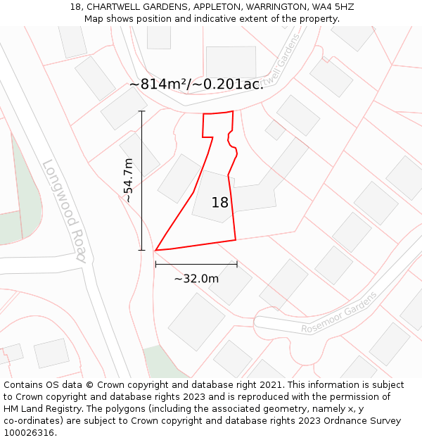 18, CHARTWELL GARDENS, APPLETON, WARRINGTON, WA4 5HZ: Plot and title map