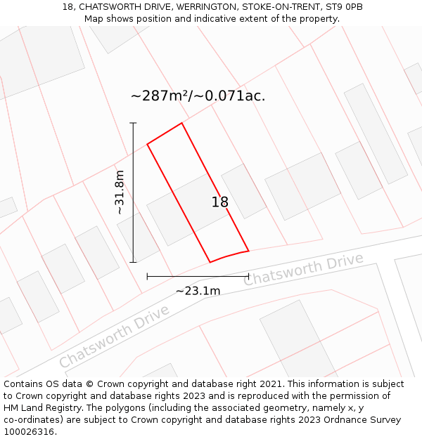 18, CHATSWORTH DRIVE, WERRINGTON, STOKE-ON-TRENT, ST9 0PB: Plot and title map