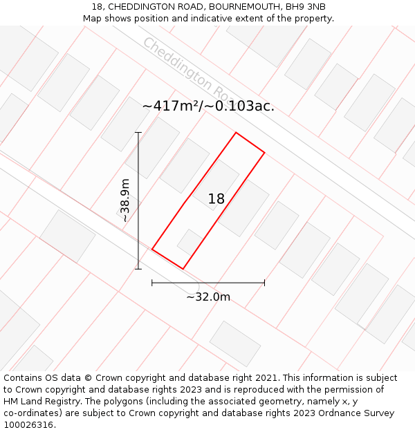 18, CHEDDINGTON ROAD, BOURNEMOUTH, BH9 3NB: Plot and title map