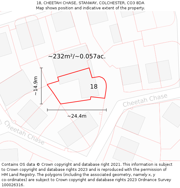 18, CHEETAH CHASE, STANWAY, COLCHESTER, CO3 8DA: Plot and title map