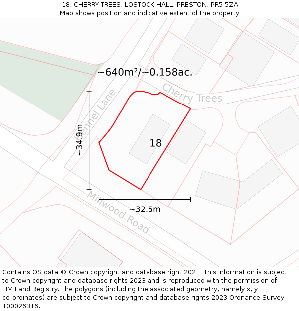 18, CHERRY TREES, LOSTOCK HALL, PRESTON, PR5 5ZA: Plot and title map