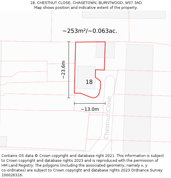 18, CHESTNUT CLOSE, CHASETOWN, BURNTWOOD, WS7 3AD: Plot and title map
