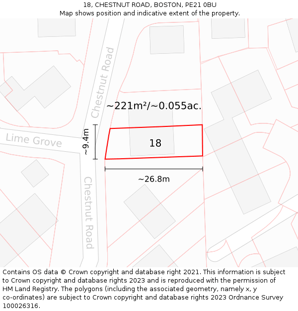 18, CHESTNUT ROAD, BOSTON, PE21 0BU: Plot and title map