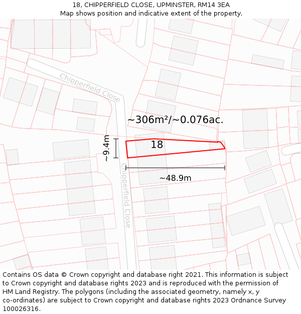 18, CHIPPERFIELD CLOSE, UPMINSTER, RM14 3EA: Plot and title map