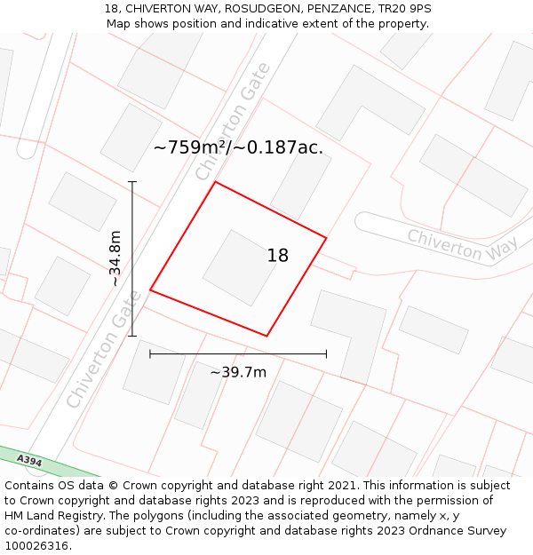 18, CHIVERTON WAY, ROSUDGEON, PENZANCE, TR20 9PS: Plot and title map