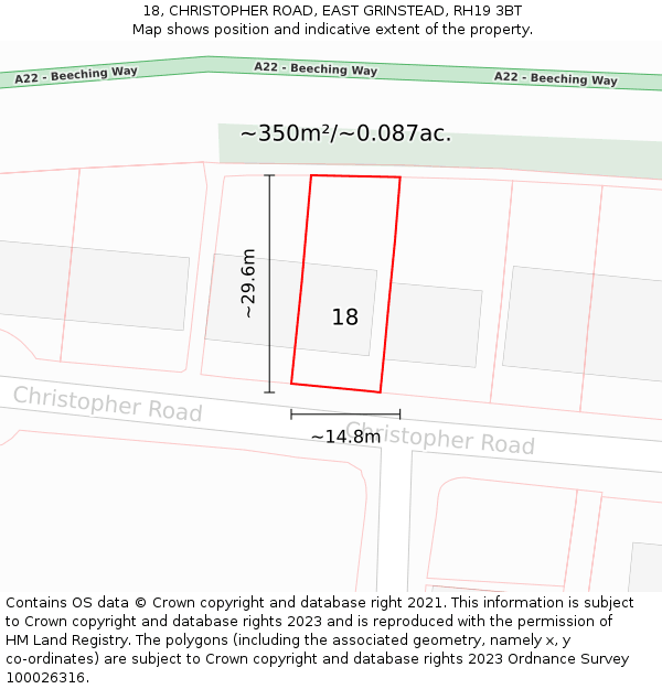 18, CHRISTOPHER ROAD, EAST GRINSTEAD, RH19 3BT: Plot and title map