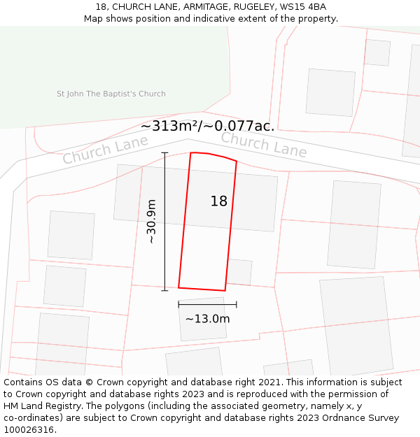 18, CHURCH LANE, ARMITAGE, RUGELEY, WS15 4BA: Plot and title map
