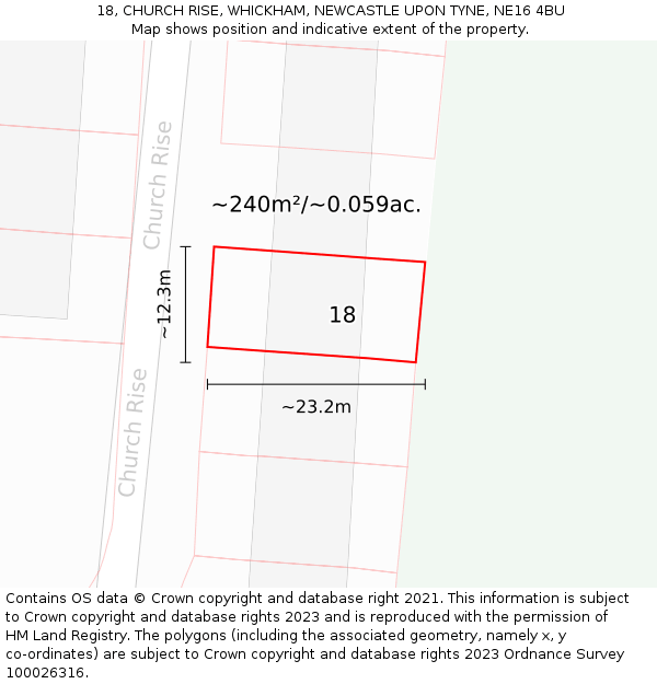 18, CHURCH RISE, WHICKHAM, NEWCASTLE UPON TYNE, NE16 4BU: Plot and title map