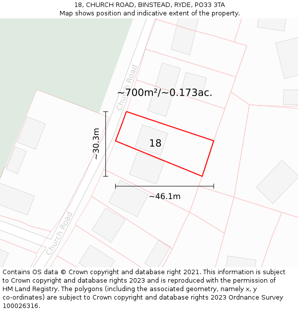 18, CHURCH ROAD, BINSTEAD, RYDE, PO33 3TA: Plot and title map