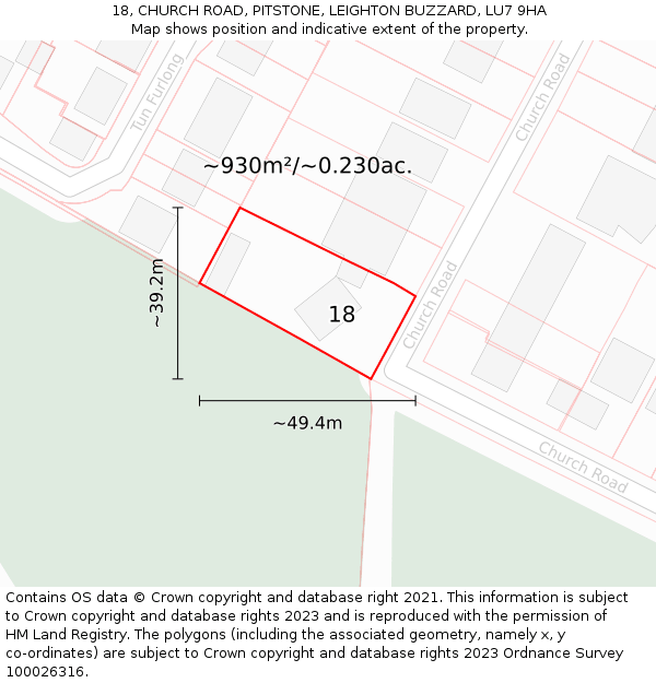 18, CHURCH ROAD, PITSTONE, LEIGHTON BUZZARD, LU7 9HA: Plot and title map