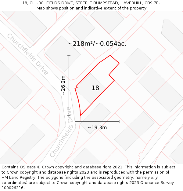 18, CHURCHFIELDS DRIVE, STEEPLE BUMPSTEAD, HAVERHILL, CB9 7EU: Plot and title map