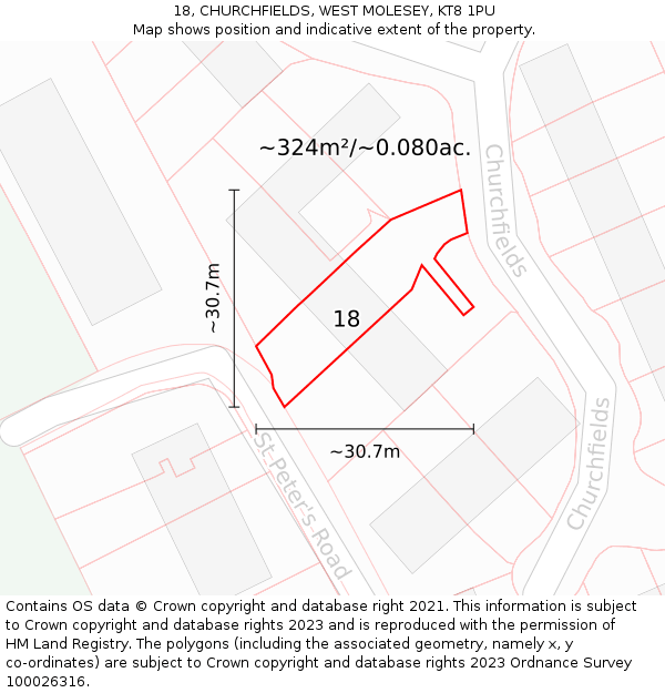 18, CHURCHFIELDS, WEST MOLESEY, KT8 1PU: Plot and title map